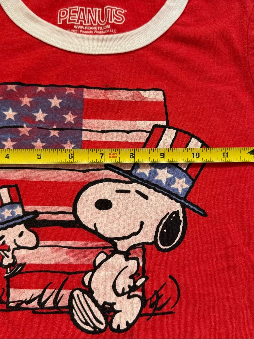 Peanuts Snoopy Woodstock USA Flag Patriotic Ringer Tee Kids Medium 7/8 Red